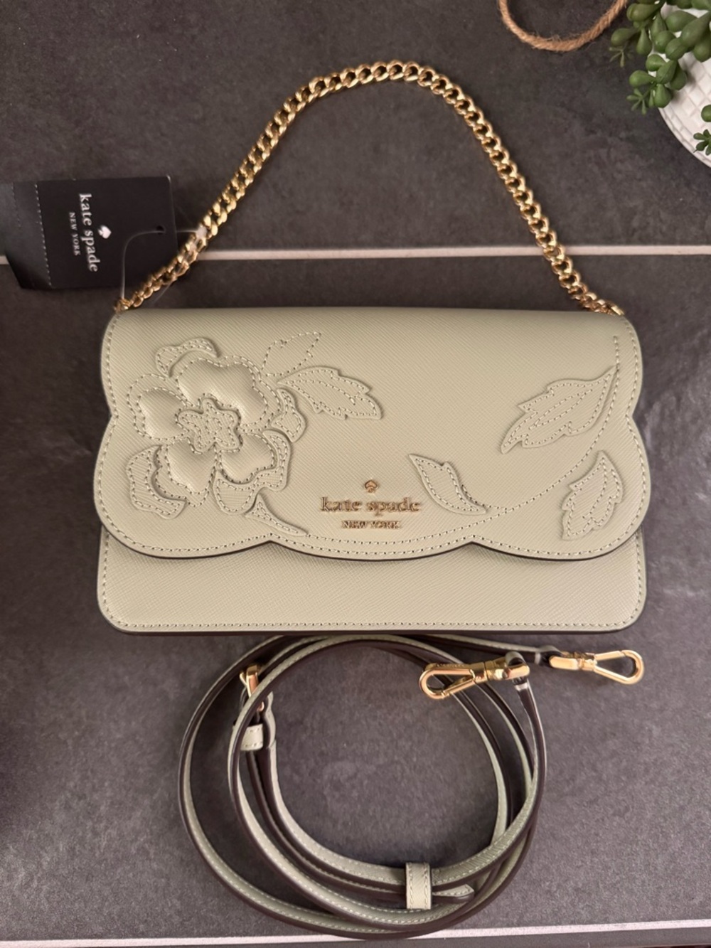 kate spade sage green floral-appliqué leather crossbody with gold chain